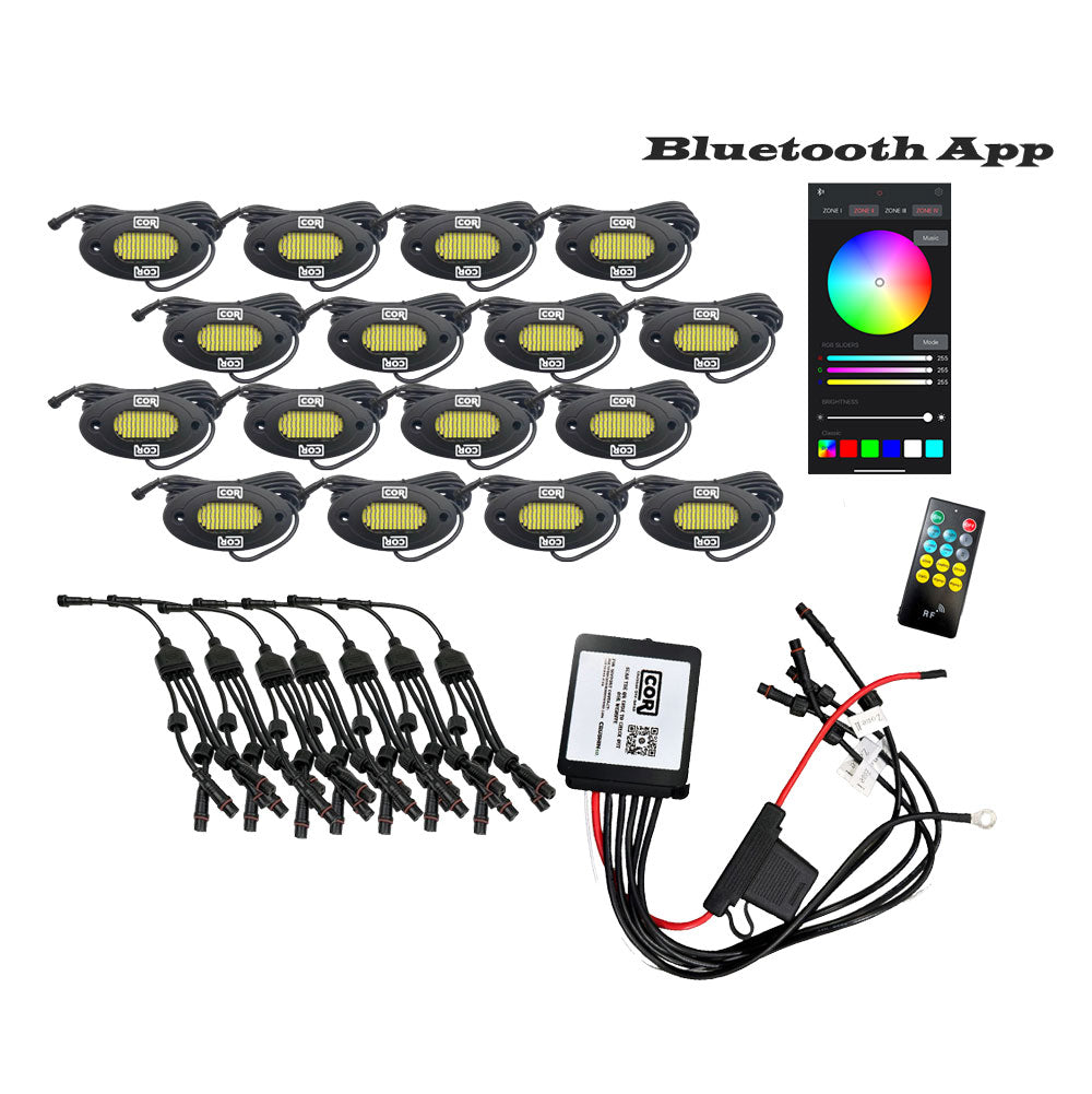 16 Piece RGB+W, HD-Series IP68 Rock Light Kit, 4 in 1 Chip, 120LED with Bluetooth Controller Kit