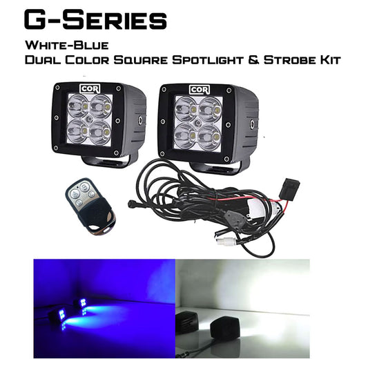 2" Blue-White Dual Color Square Pod LED Spot-Strobing Kit, with Remote