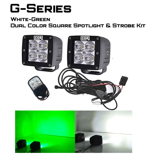 2" Green-White Dual Color Square Pod LED Spot-Strobing Kit, with Remote