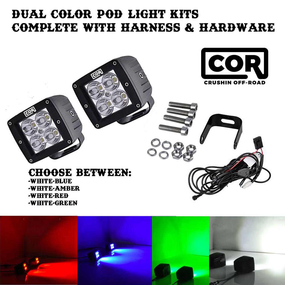 3" Square Spotlight Blue & White LED Pods with Harness - Wiring harness switch control