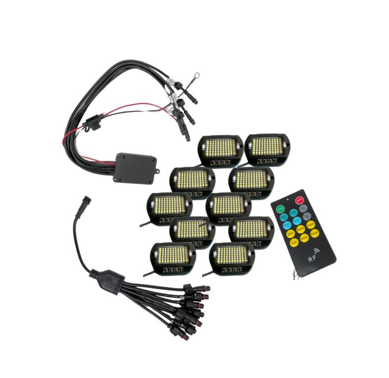 10 Piece Pure White 9100 Lumen LED Rock Light Kit, Complete with 50a Controller