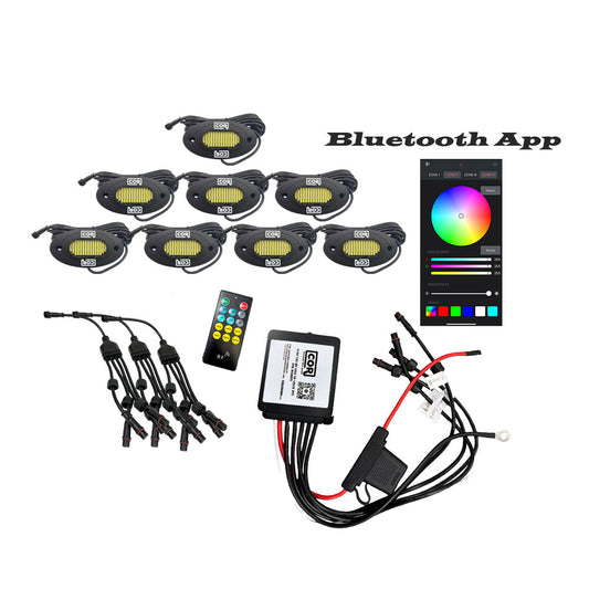 8 Piece RGB+W, HD-Series IP68 Rock Light Kit, 4 in 1 Chip, 120LED with Bluetooth Controller Kit