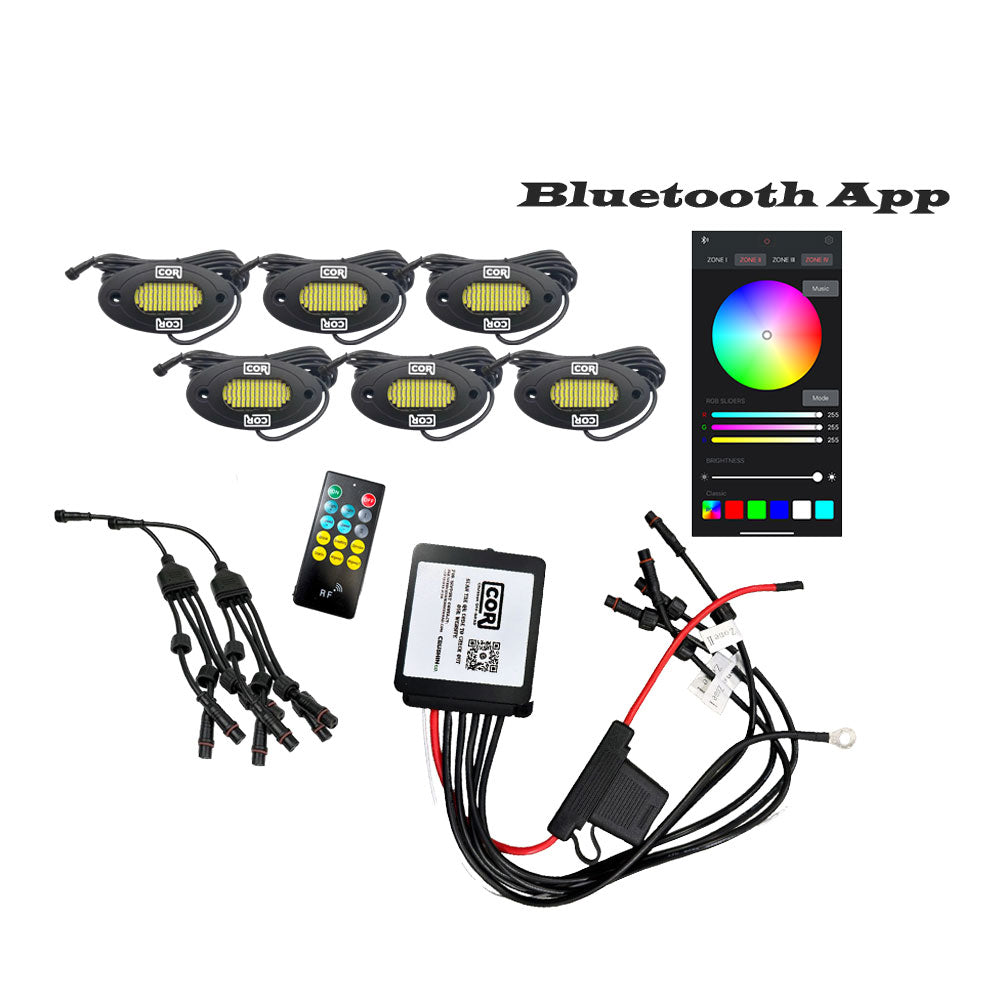 6 Piece RGB+W, HD-Series IP68 Rock Light Kit, 4 in 1 Chip, 120LED with Bluetooth Controller Kit